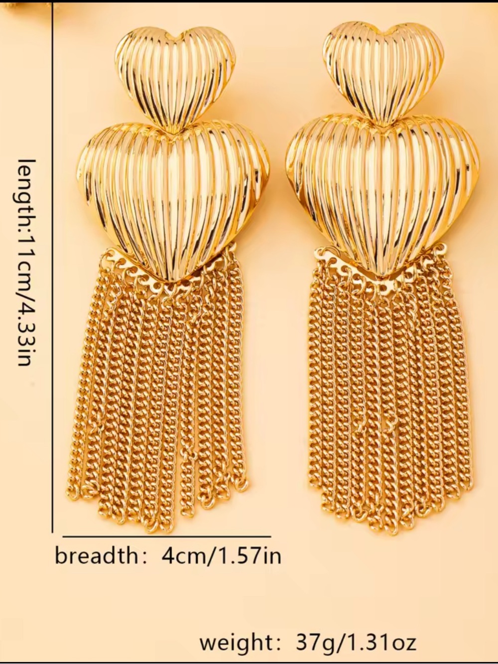 Gold Heart Tassel Drop Earrings - Picture 4 of 9